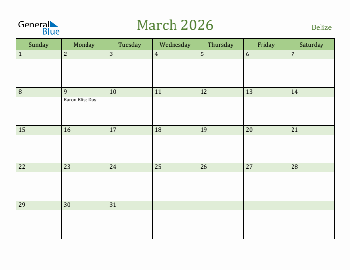 March 2026 Calendar with Belize Holidays