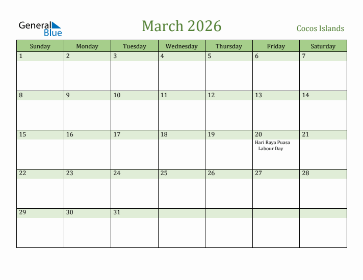 March 2026 Calendar with Cocos Islands Holidays