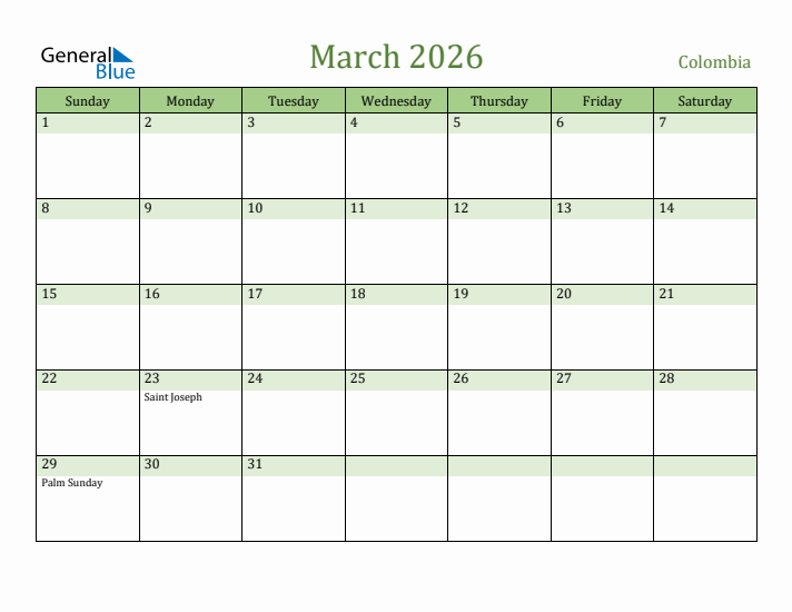 March 2026 Calendar with Colombia Holidays