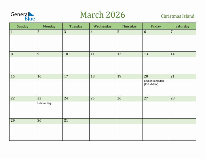 March 2026 Calendar with Christmas Island Holidays