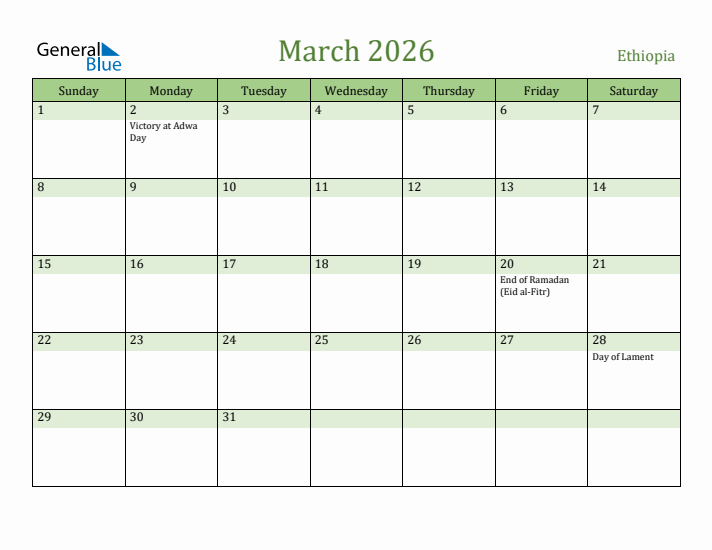 March 2026 Calendar with Ethiopia Holidays