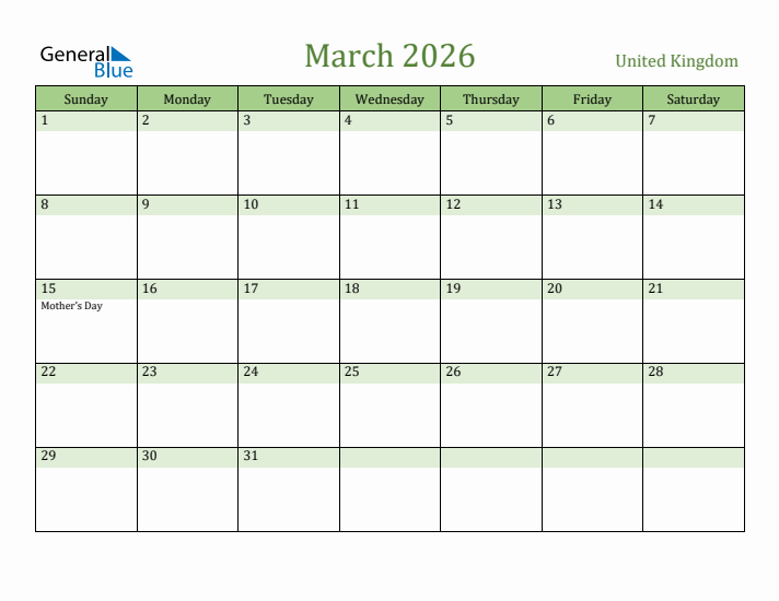 March 2026 Calendar with United Kingdom Holidays
