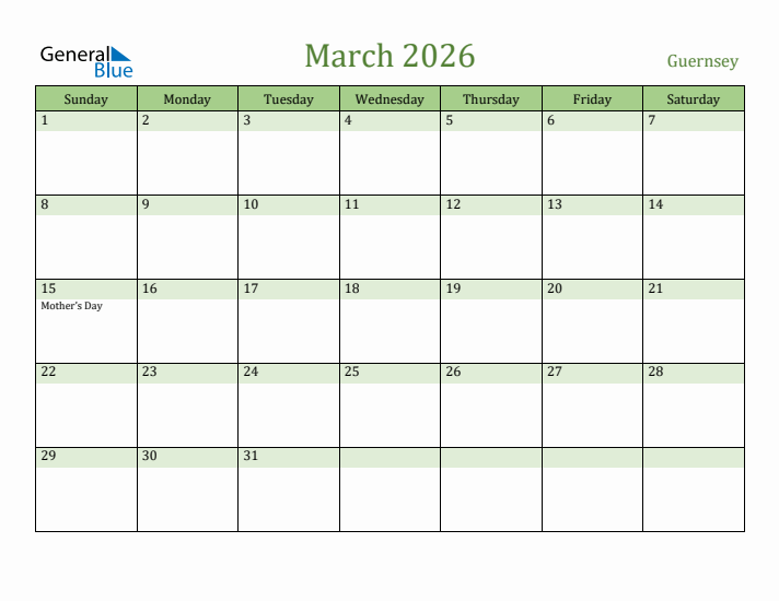March 2026 Calendar with Guernsey Holidays