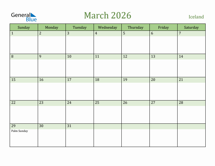 March 2026 Calendar with Iceland Holidays
