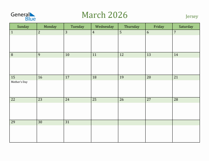 March 2026 Calendar with Jersey Holidays