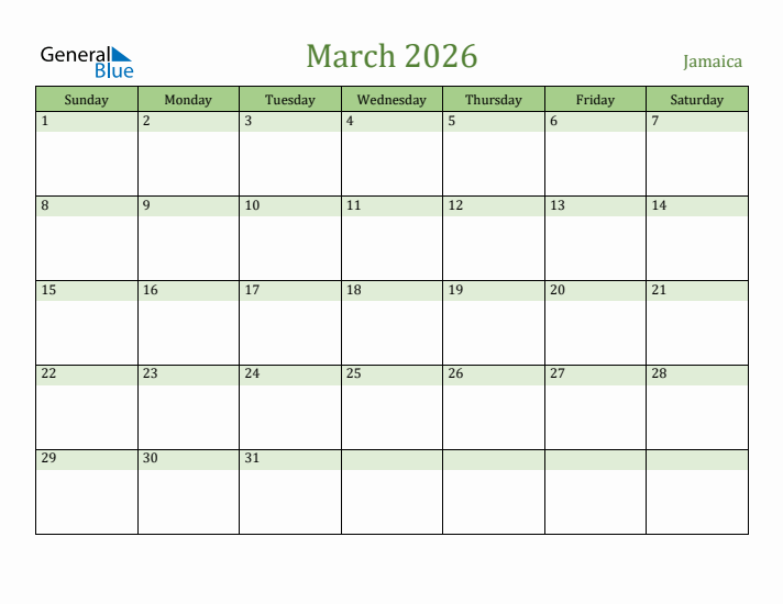 March 2026 Calendar with Jamaica Holidays