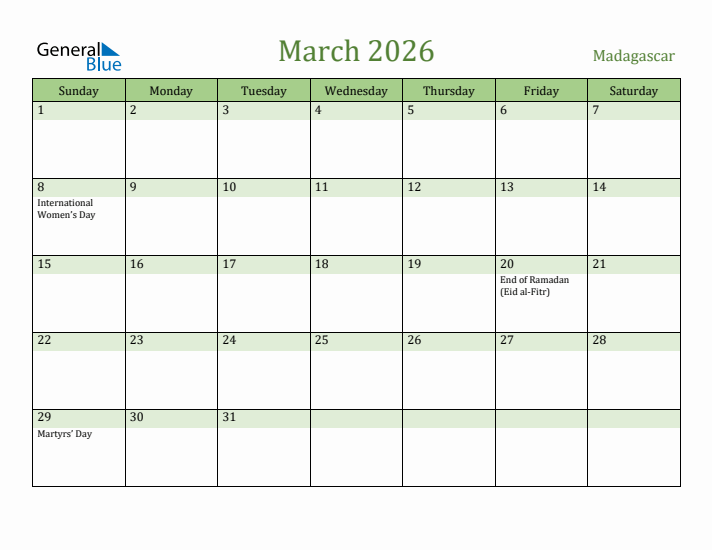 March 2026 Calendar with Madagascar Holidays