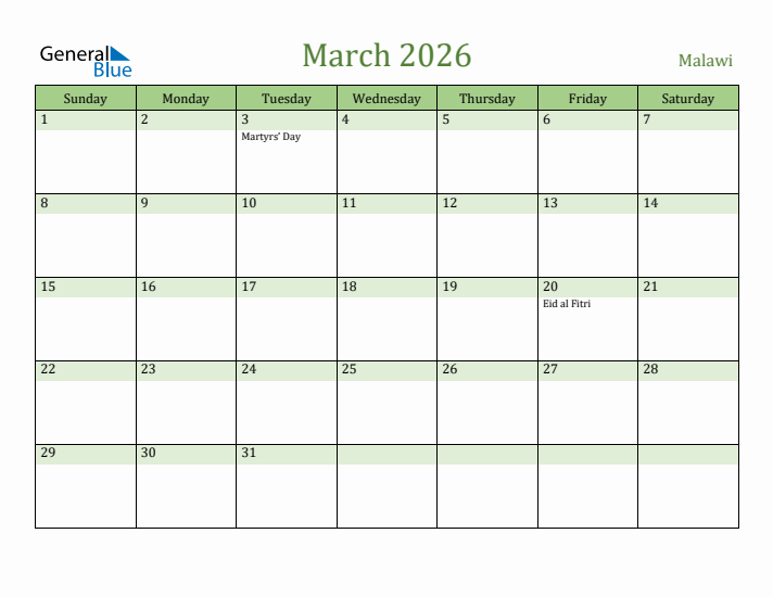 March 2026 Calendar with Malawi Holidays