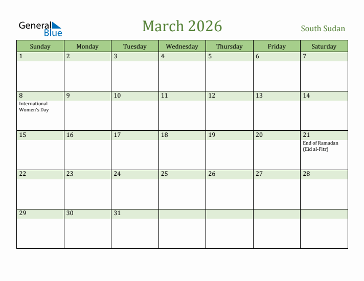 March 2026 Calendar with South Sudan Holidays