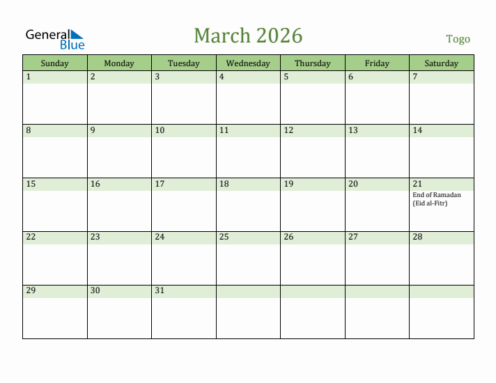 March 2026 Calendar with Togo Holidays