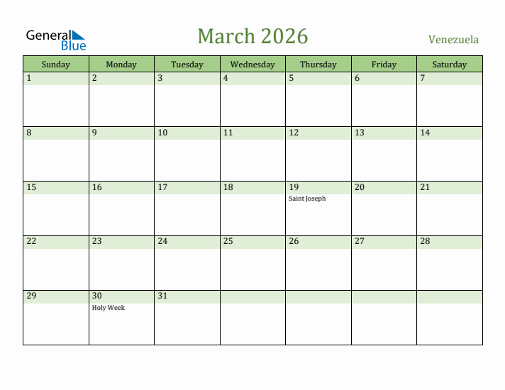 March 2026 Calendar with Venezuela Holidays