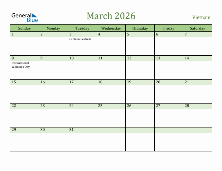 March 2026 Calendar with Vietnam Holidays