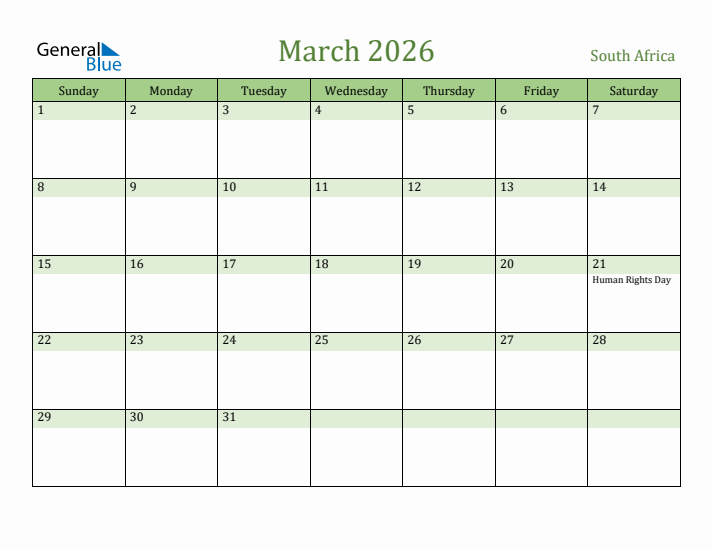March 2026 Calendar with South Africa Holidays