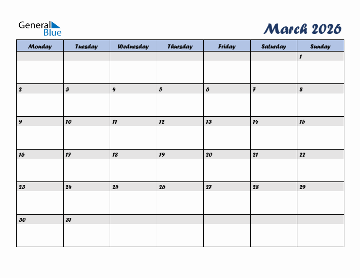 March 2026 Blue Calendar (Monday Start)