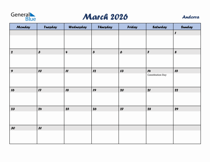 March 2026 Calendar with Holidays in Andorra