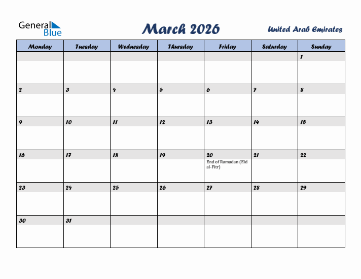 March 2026 Calendar with Holidays in United Arab Emirates