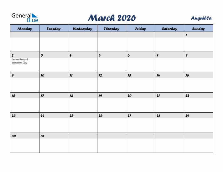 March 2026 Calendar with Holidays in Anguilla