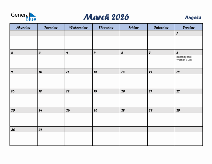 March 2026 Calendar with Holidays in Angola