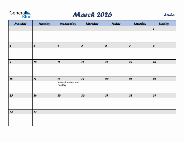 March 2026 Calendar with Holidays in Aruba