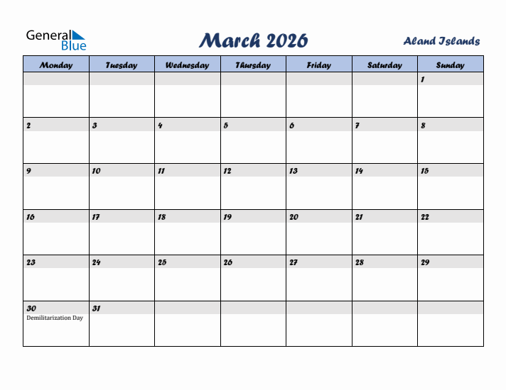 March 2026 Calendar with Holidays in Aland Islands