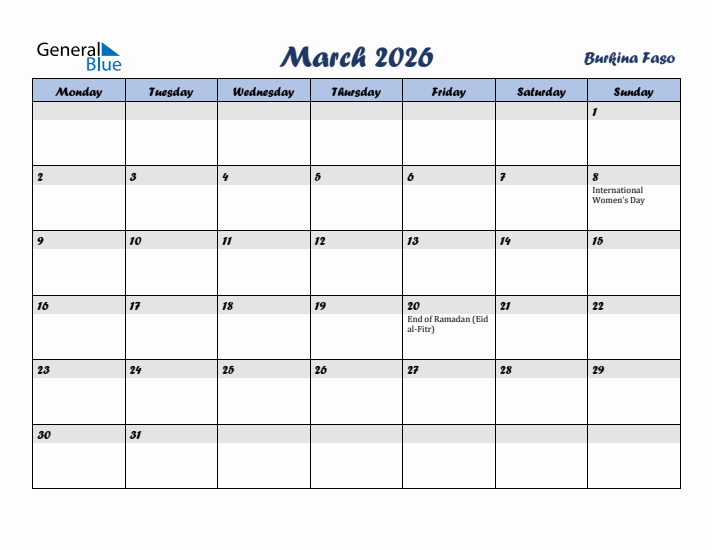 March 2026 Calendar with Holidays in Burkina Faso