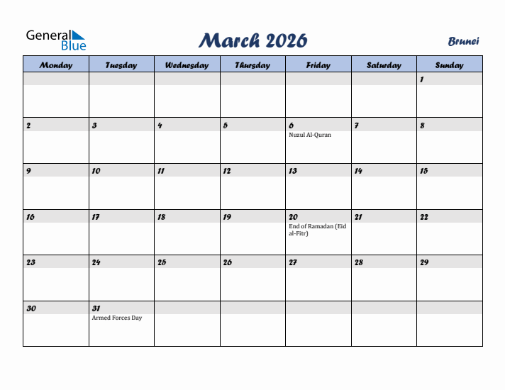 March 2026 Calendar with Holidays in Brunei