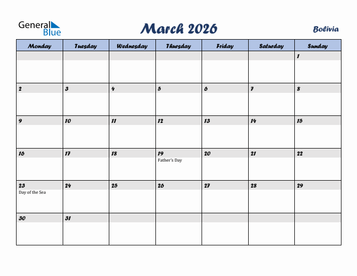 March 2026 Calendar with Holidays in Bolivia