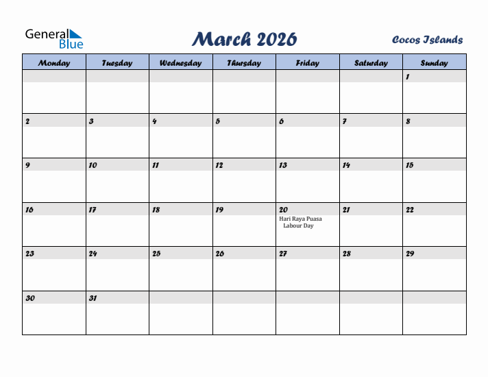 March 2026 Calendar with Holidays in Cocos Islands