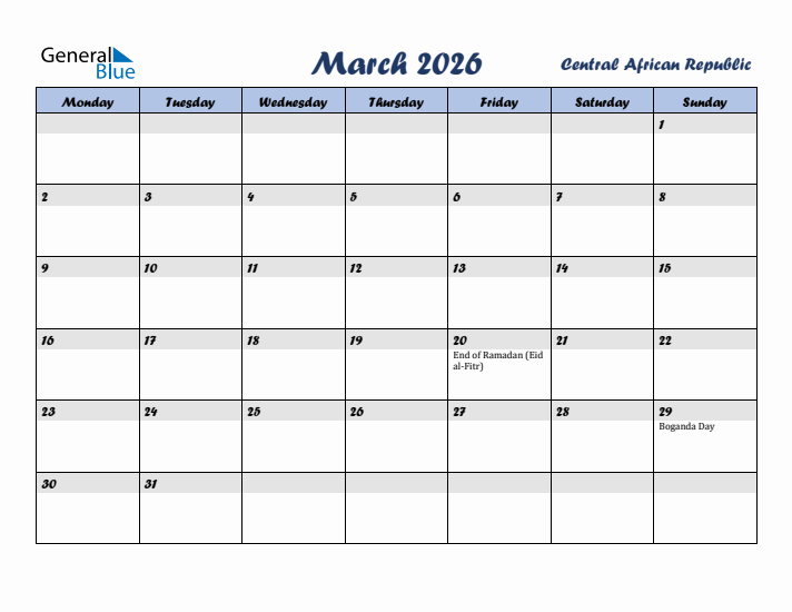 March 2026 Calendar with Holidays in Central African Republic