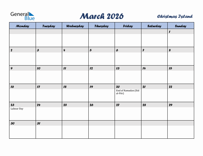 March 2026 Calendar with Holidays in Christmas Island