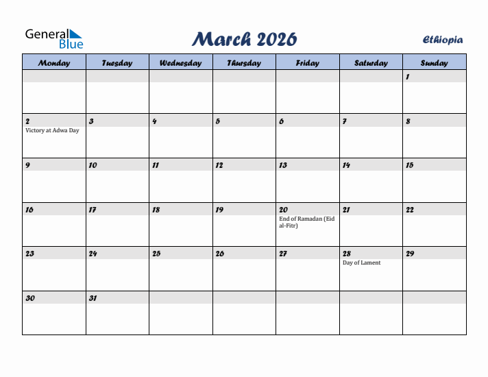 March 2026 Calendar with Holidays in Ethiopia