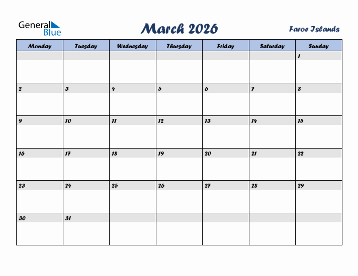 March 2026 Calendar with Holidays in Faroe Islands