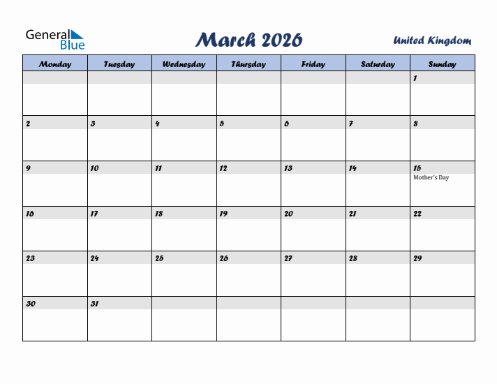 March 2026 Calendar with Holidays in United Kingdom