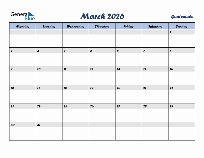 March 2026 Calendar with Holidays in Guatemala