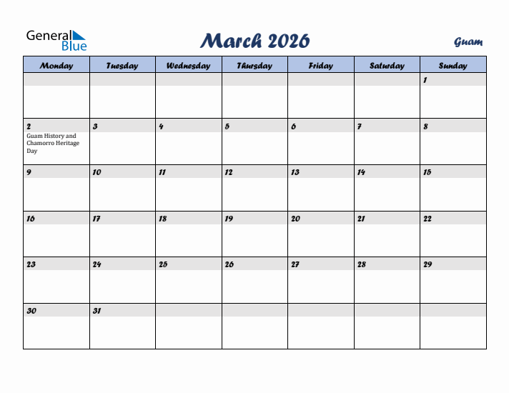 March 2026 Calendar with Holidays in Guam