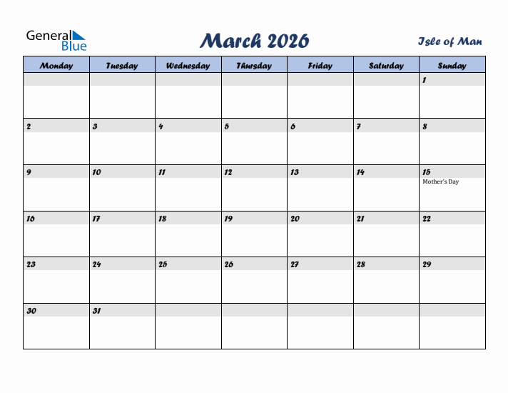 March 2026 Calendar with Holidays in Isle of Man