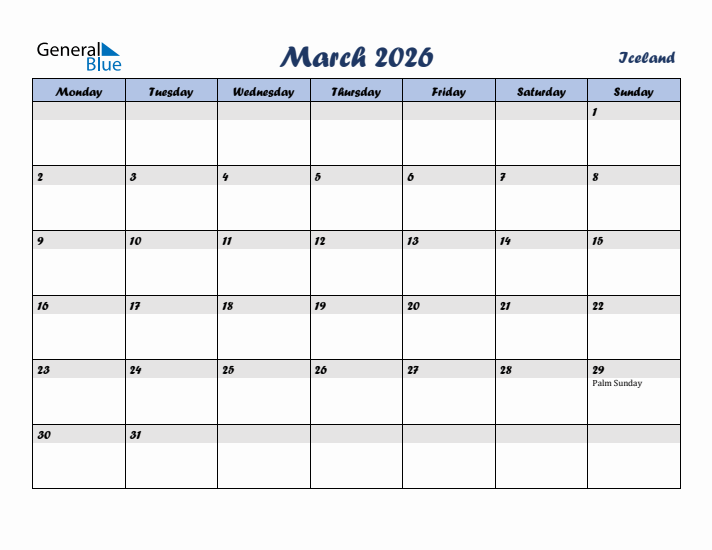 March 2026 Calendar with Holidays in Iceland