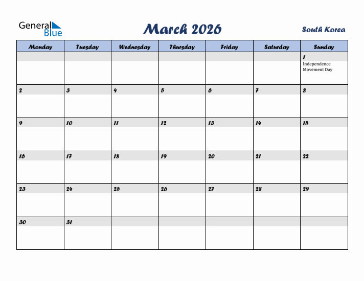 March 2026 Calendar with Holidays in South Korea