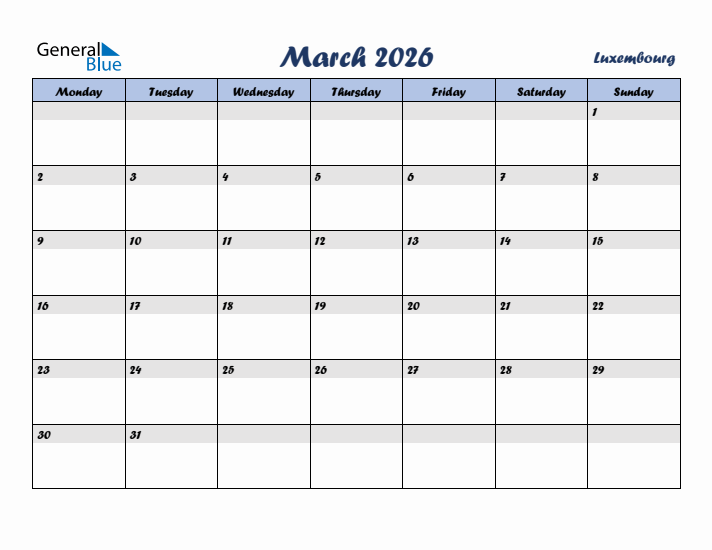 March 2026 Calendar with Holidays in Luxembourg