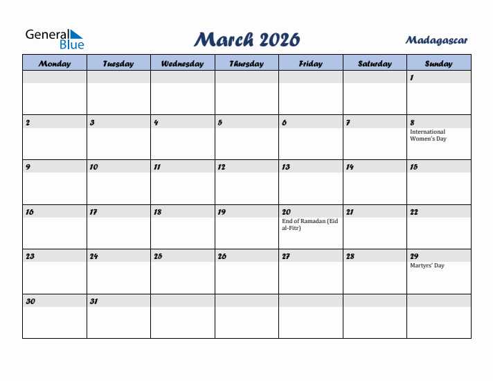 March 2026 Calendar with Holidays in Madagascar