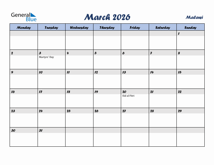 March 2026 Calendar with Holidays in Malawi