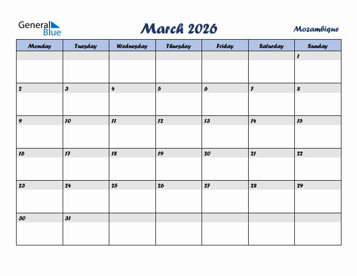March 2026 Calendar with Holidays in Mozambique