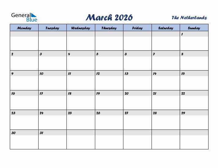 March 2026 Calendar with Holidays in The Netherlands