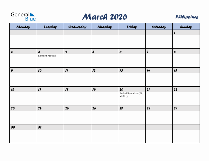 March 2026 Calendar with Holidays in Philippines