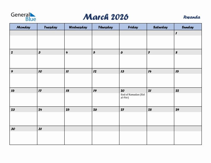 March 2026 Calendar with Holidays in Rwanda