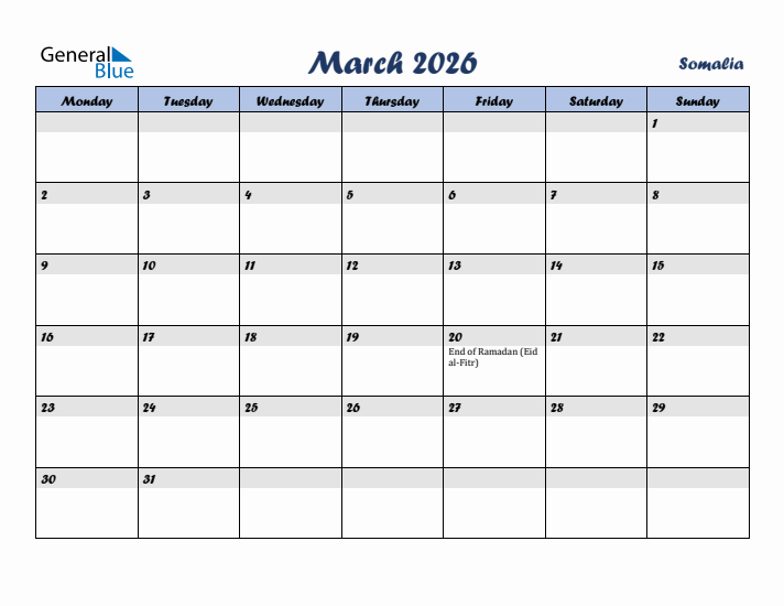 March 2026 Calendar with Holidays in Somalia
