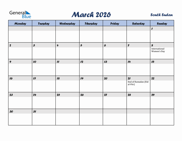 March 2026 Calendar with Holidays in South Sudan