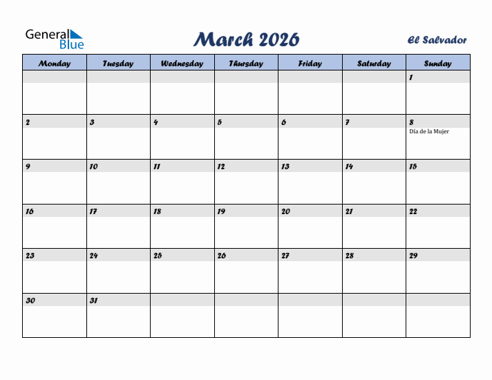 March 2026 Calendar with Holidays in El Salvador