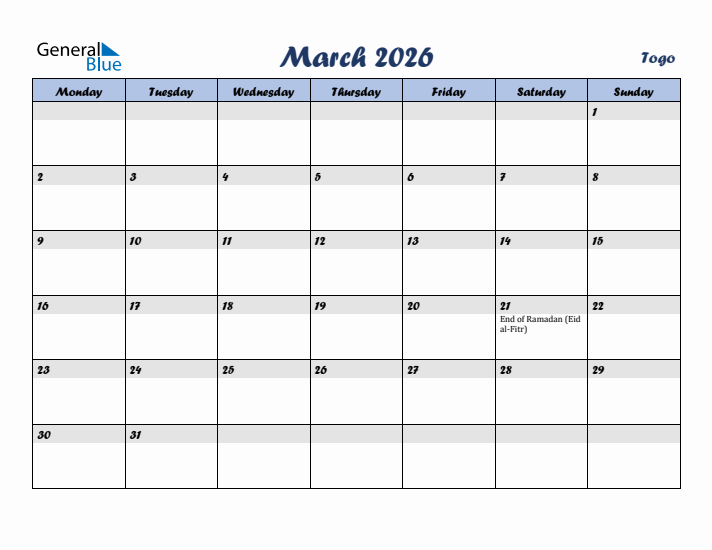 March 2026 Calendar with Holidays in Togo