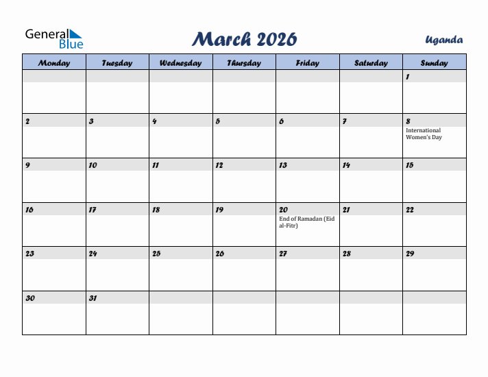 March 2026 Calendar with Holidays in Uganda